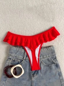 SHEIN Swim 2025 度假海滩纯色荷叶边下摆比基尼泳裤夏季 - 紅色 - 查看 2