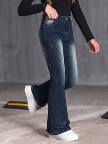 SHEIN Tween Girl Fashion Casual Bow Accent Vintage Flared Denim Jeans,Holiday,Summer,Travel Summer Holiday Autumn Fall - Dark Wash - View 3