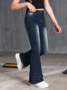 SHEIN Tween Girl Fashion Casual Bow Accent Vintage Flared Denim Jeans,Holiday,Summer,Travel Summer Holiday Autumn Fall - Dark Wash - View 12