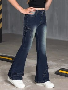SHEIN Tween Girl Fashion Casual Bow Accent Vintage Flared Denim Jeans,Holiday,Summer,Travel Summer Holiday Autumn Fall - Dark Wash - View 10