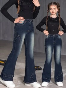 SHEIN Tween Girl Fashion Casual Bow Accent Vintage Flared Denim Jeans,Holiday,Summer,Travel Summer Holiday Autumn Fall - Dark Wash - View 5
