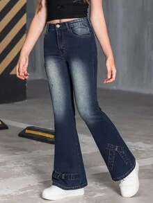 SHEIN Tween Girl Fashion Casual Bow Accent Vintage Flared Denim Jeans,Holiday,Summer,Travel Summer Holiday Autumn Fall - Dark Wash - View 14