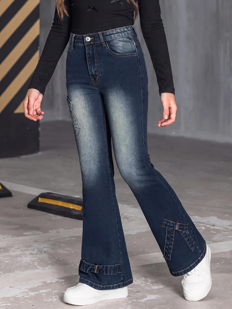 SHEIN Tween Girl Fashion Casual Bow Accent Vintage Flared Denim Jeans,Holiday,Summer,Travel Summer Holiday Autumn Fall - Dark Wash - View 1