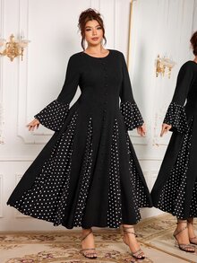 Modelyn Gaun Pesta Malam Elegan Ukuran Plus untuk Wanita, Model Plus Size, Lengan Panjang Berkerut, Potongan Pas Badan, Motif Polkadot Patchwork - Hitam - View 8