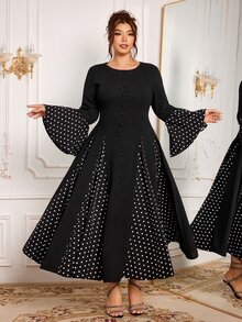 Modelyn Gaun Pesta Malam Elegan Ukuran Plus untuk Wanita, Model Plus Size, Lengan Panjang Berkerut, Potongan Pas Badan, Motif Polkadot Patchwork - Hitam - View 4