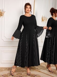 Modelyn Gaun Pesta Malam Elegan Ukuran Plus untuk Wanita, Model Plus Size, Lengan Panjang Berkerut, Potongan Pas Badan, Motif Polkadot Patchwork - Hitam - View 5
