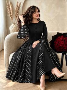 Modelyn Gaun Pesta Malam Elegan Ukuran Plus untuk Wanita, Model Plus Size, Lengan Panjang Berkerut, Potongan Pas Badan, Motif Polkadot Patchwork - Hitam - View 2