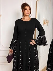 Modelyn Gaun Pesta Malam Elegan Ukuran Plus untuk Wanita, Model Plus Size, Lengan Panjang Berkerut, Potongan Pas Badan, Motif Polkadot Patchwork - Hitam - View 7