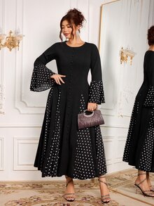 Modelyn Gaun Pesta Malam Elegan Ukuran Plus untuk Wanita, Model Plus Size, Lengan Panjang Berkerut, Potongan Pas Badan, Motif Polkadot Patchwork - Hitam - View 6