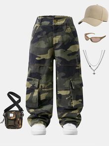 SHEIN Explorewe 女童休閒牛仔直筒寬鬆迷彩拼接工裝牛仔褲，街頭風夏季度假淺藍色長褲 - 軍綠色 - 查看 4