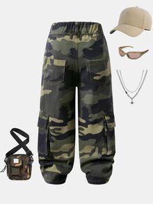 SHEIN Explorewe 女童休閒牛仔直筒寬鬆迷彩拼接工裝牛仔褲，街頭風夏季度假淺藍色長褲 - 軍綠色 - 查看 3