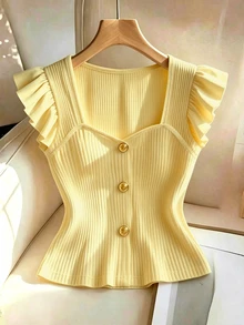 GlowEve Women's Textured Fabric T-Shirt With Flutter Sleeves, Vacation For Ladies Summer Beach Holiday Summer Tops - Pale Yellow - View 4