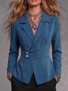 SHEIN Lapel Neck Single Button Blazer Teachers' Day Office Business Aqua Blue Summer Casual Elegant - Blue - View 7