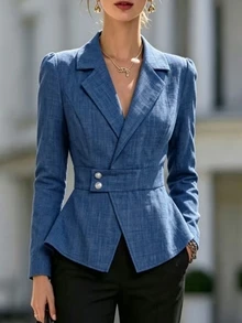 SHEIN Lapel Neck Single Button Blazer Teachers' Day Office Business Aqua Blue Summer Casual Elegant - Blue - View 4