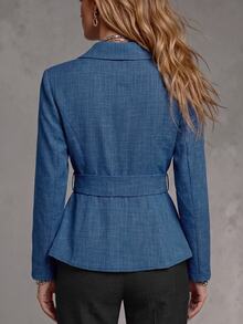 SHEIN Lapel Neck Single Button Blazer Teachers' Day Office Business Aqua Blue Summer Casual Elegant - Blue - View 2