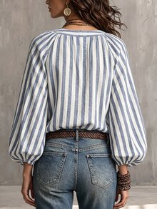 Glimmora 女款秋季新款法式休閒條紋度假風V領寬鬆顯瘦泡泡長袖綁帶襯衫 - 藍色 - 查看 3