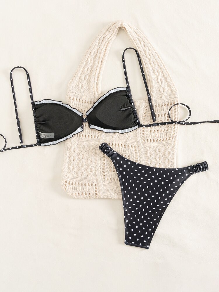 Swim Mod Bikini Motif Polkadot, Pakaian Renang Seksi untuk Pantai dengan Tali Bahu yang Dapat Diatur untuk Wanita, Musim Semi/Panas - Hitam dan Putih - View 2