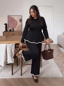 Lounesse Plus Size 2pcs Set Women's Plus Size Crew Neck Long Sleeve Plus Size Black 2pcs Set Casual Daily Going Out Office Business Work Set Women Fall/Winter - Black and White - View 8