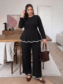 Lounesse Plus Size 2pcs Set Women's Plus Size Crew Neck Long Sleeve Plus Size Black 2pcs Set Casual Daily Going Out Office Business Work Set Women Fall/Winter - Black and White - View 6