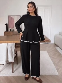 Lounesse Plus Size 2pcs Set Women's Plus Size Crew Neck Long Sleeve Plus Size Black 2pcs Set Casual Daily Going Out Office Business Work Set Women Fall/Winter - Black and White - View 3