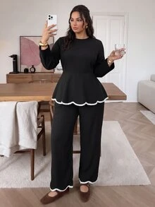 Lounesse Plus Size 2pcs Set Women's Plus Size Crew Neck Long Sleeve Plus Size Black 2pcs Set Casual Daily Going Out Office Business Work Set Women Fall/Winter - Black and White - View 7