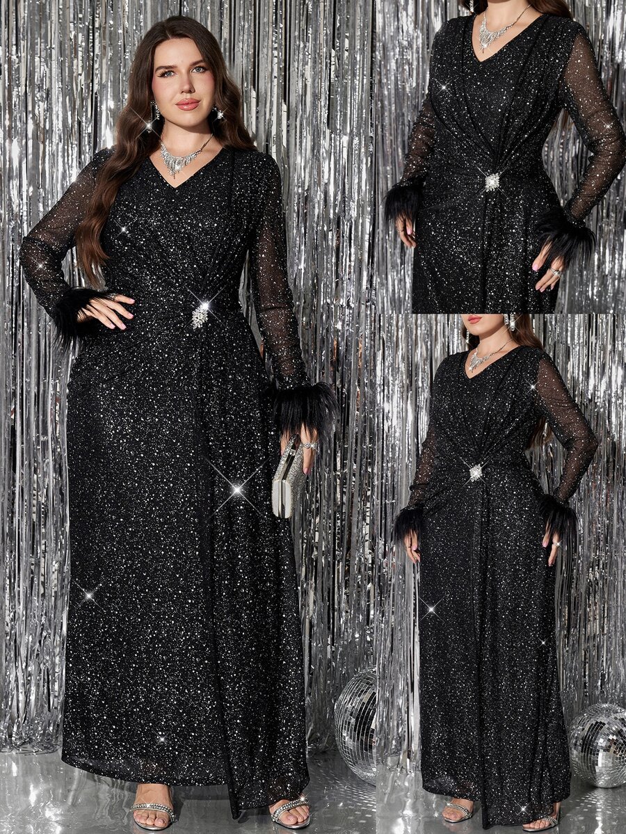 Reflora Plus Size Elegant Party Sequin Dress Fall