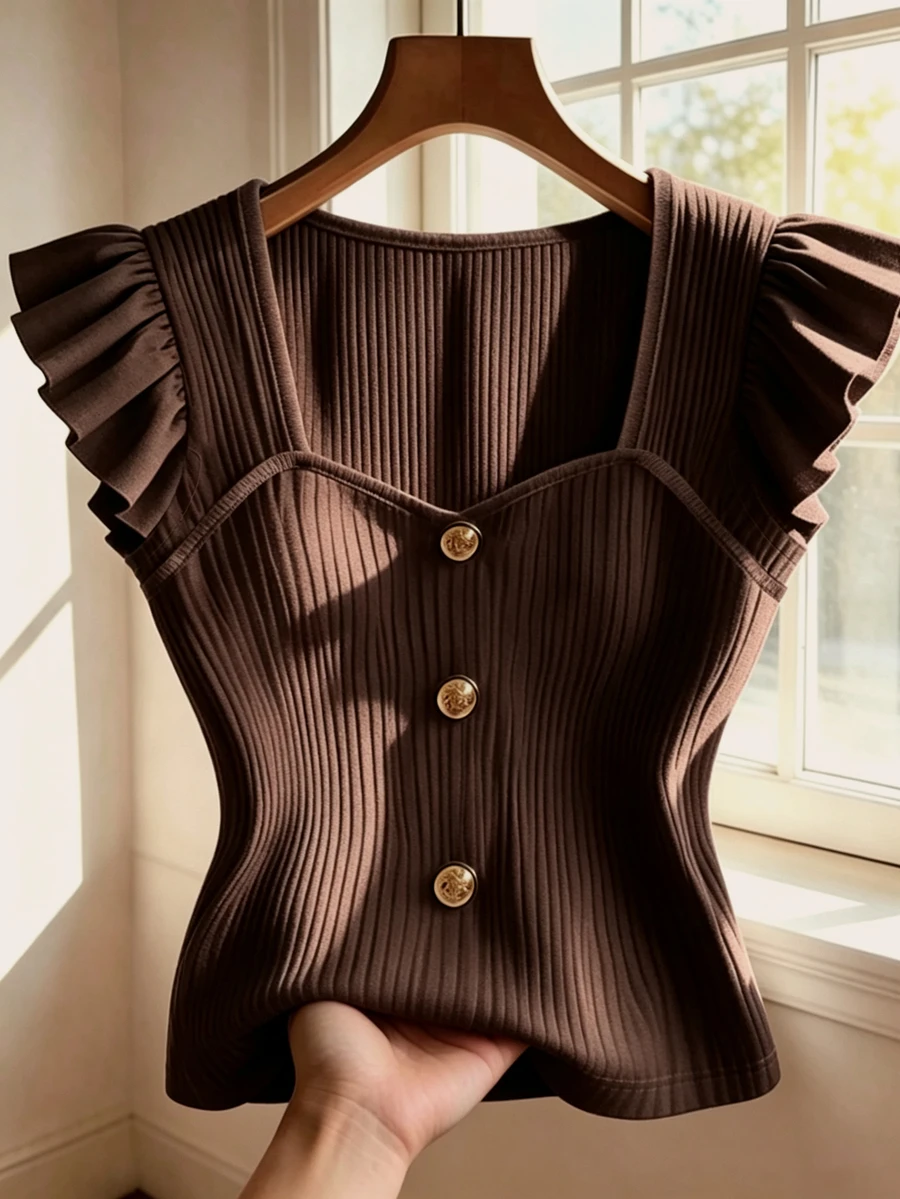 GlowEve Women's Textured Fabric T-Shirt With Flutter Sleeves, Vacation For Ladies Summer Beach Holiday Summer Tops - Brown - View 1