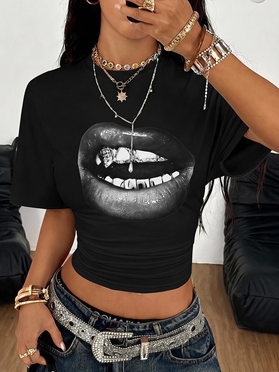 Coolane Women's Casual Lip Print Short Sleeve T-Shirt, Versatile For Daily Wear,Summer Top - Multicolor - View 1