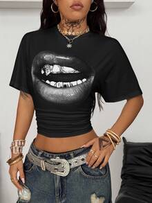 Coolane Women's Casual Lip Print Short Sleeve T-Shirt, Versatile For Daily Wear,Summer Top - Multicolor - View 4
