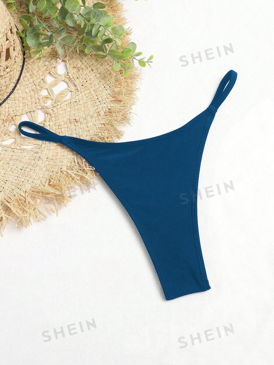 SHEIN Swim 纯色比基尼泳装,适合夏季海滩 - 水鴨藍 - 查看 1
