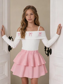 SHEIN Tween Girls Fall Outfits Fall Tops Fall 2pcs/Set Round Neck Fashion Elegant White Summer Country Cute Concert T-Shirt Mini Set - Pink - View 2
