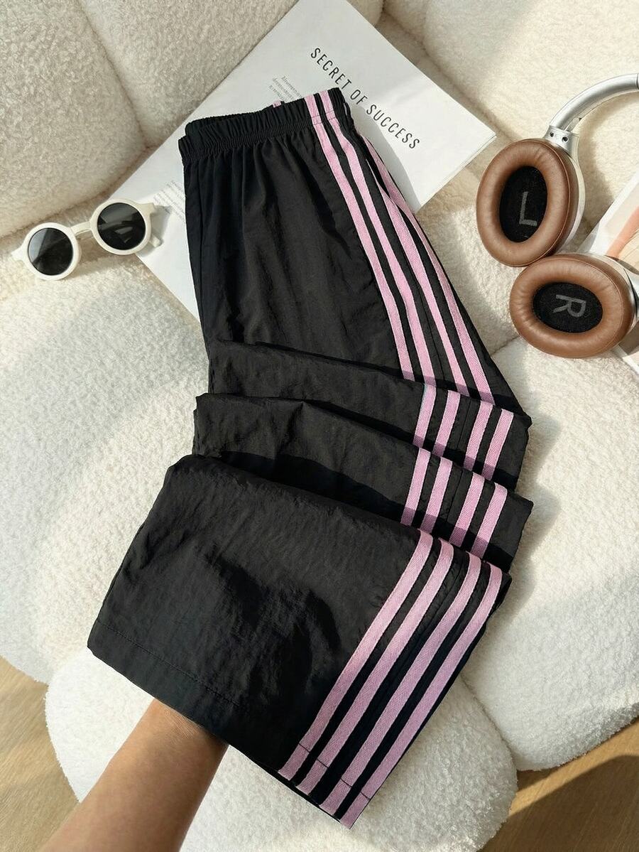 SHEIN Tween Girls' Side Stripe Print Elastic Waist Casual Athletic Modest Baggy Pants School Pink Stripe Autumn School - Black - View 1