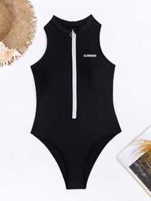 SHEIN Swim 女士字母印花半拉鍊連體泳衣,拉鍊閉合,狂歡節 - 黑色 - 查看 7