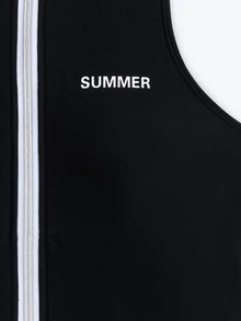 SHEIN Swim 女士字母印花半拉鍊連體泳衣,拉鍊閉合,狂歡節 - 黑色 - 查看 9