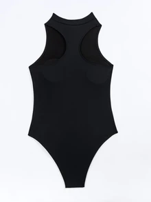 SHEIN Swim 女士字母印花半拉鍊連體泳衣,拉鍊閉合,狂歡節 - 黑色 - 查看 8