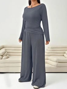 Solflare Plus Size Brown Round Neck Long Sleeve Pleated Texture 2 Pieces Set - Dark Grey - View 4