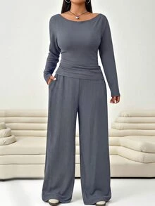 Solflare Plus Size Brown Round Neck Long Sleeve Pleated Texture 2 Pieces Set - Dark Grey - View 6