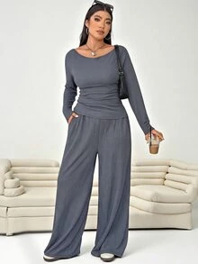 Solflare Plus Size Brown Round Neck Long Sleeve Pleated Texture 2 Pieces Set - Dark Grey - View 7