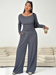 Solflare Plus Size Brown Round Neck Long Sleeve Pleated Texture 2 Pieces Set - Dark Grey - View 1