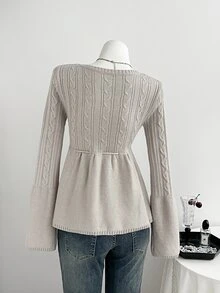 Elamini Women's Autumn/Winter Long Sleeve Cable Knit Patchwork A-Line Tie Bow Button Cute Delicate Versatile Preppy Commuter Knit Cardigan - Light Grey - View 2