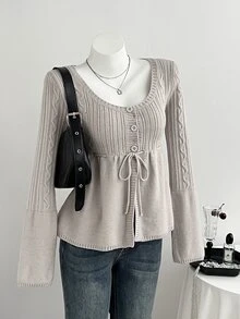 Elamini Women's Autumn/Winter Long Sleeve Cable Knit Patchwork A-Line Tie Bow Button Cute Delicate Versatile Preppy Commuter Knit Cardigan - Light Grey - View 4