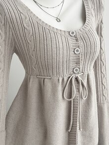 Elamini Women's Autumn/Winter Long Sleeve Cable Knit Patchwork A-Line Tie Bow Button Cute Delicate Versatile Preppy Commuter Knit Cardigan - Light Grey - View 5
