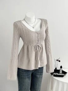 Elamini Women's Autumn/Winter Long Sleeve Cable Knit Patchwork A-Line Tie Bow Button Cute Delicate Versatile Preppy Commuter Knit Cardigan - Light Grey - View 7