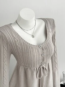 Elamini Women's Autumn/Winter Long Sleeve Cable Knit Patchwork A-Line Tie Bow Button Cute Delicate Versatile Preppy Commuter Knit Cardigan - Light Grey - View 1