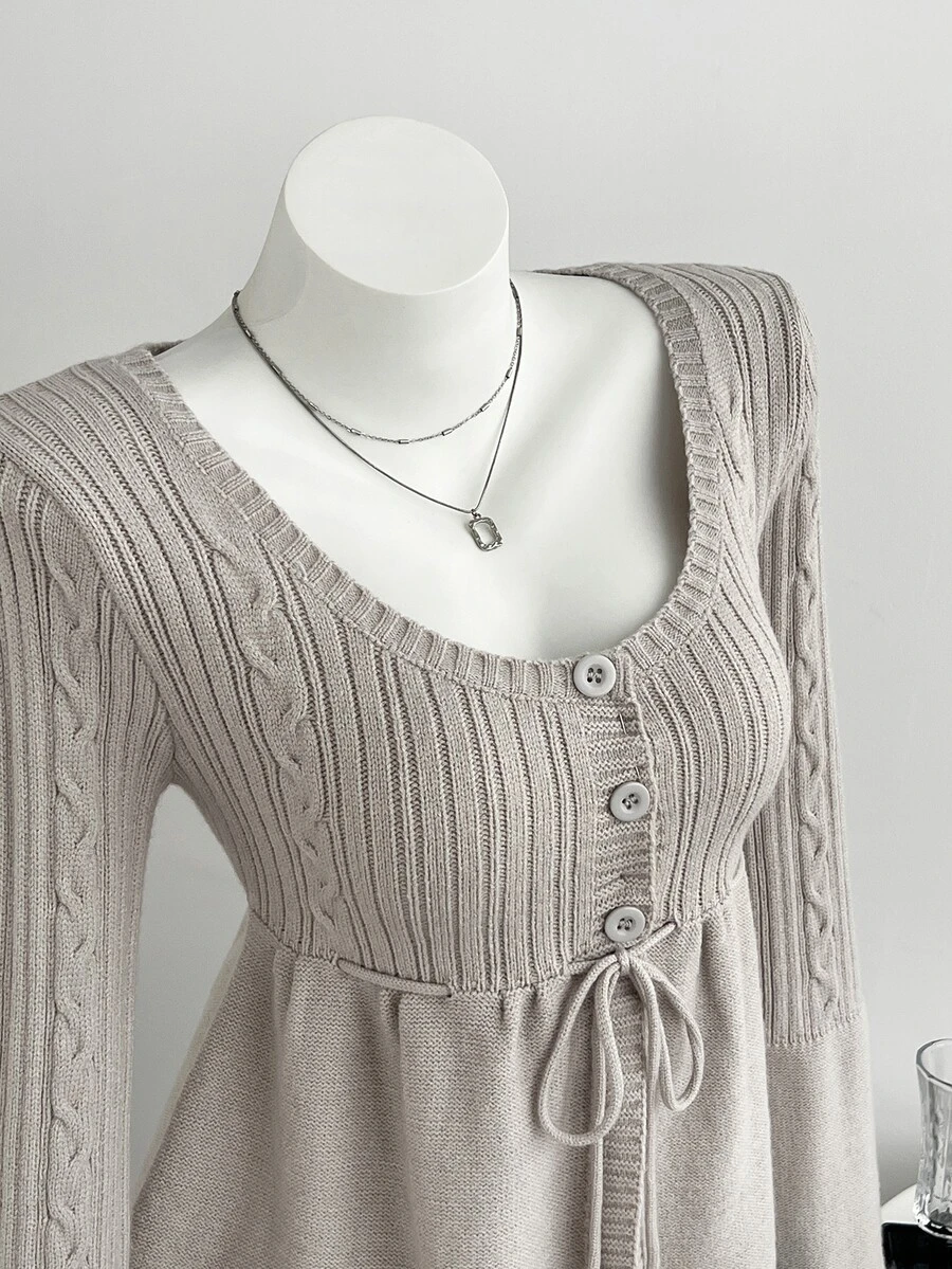Elamini Women's Autumn/Winter Long Sleeve Cable Knit Patchwork A-Line Tie Bow Button Cute Delicate Versatile Preppy Commuter Knit Cardigan - Light Grey - View 1
