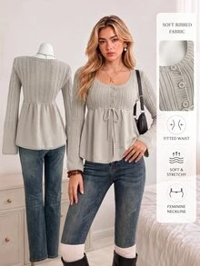 Elamini Women's Autumn/Winter Long Sleeve Cable Knit Patchwork A-Line Tie Bow Button Cute Delicate Versatile Preppy Commuter Knit Cardigan - Light Grey - View 3