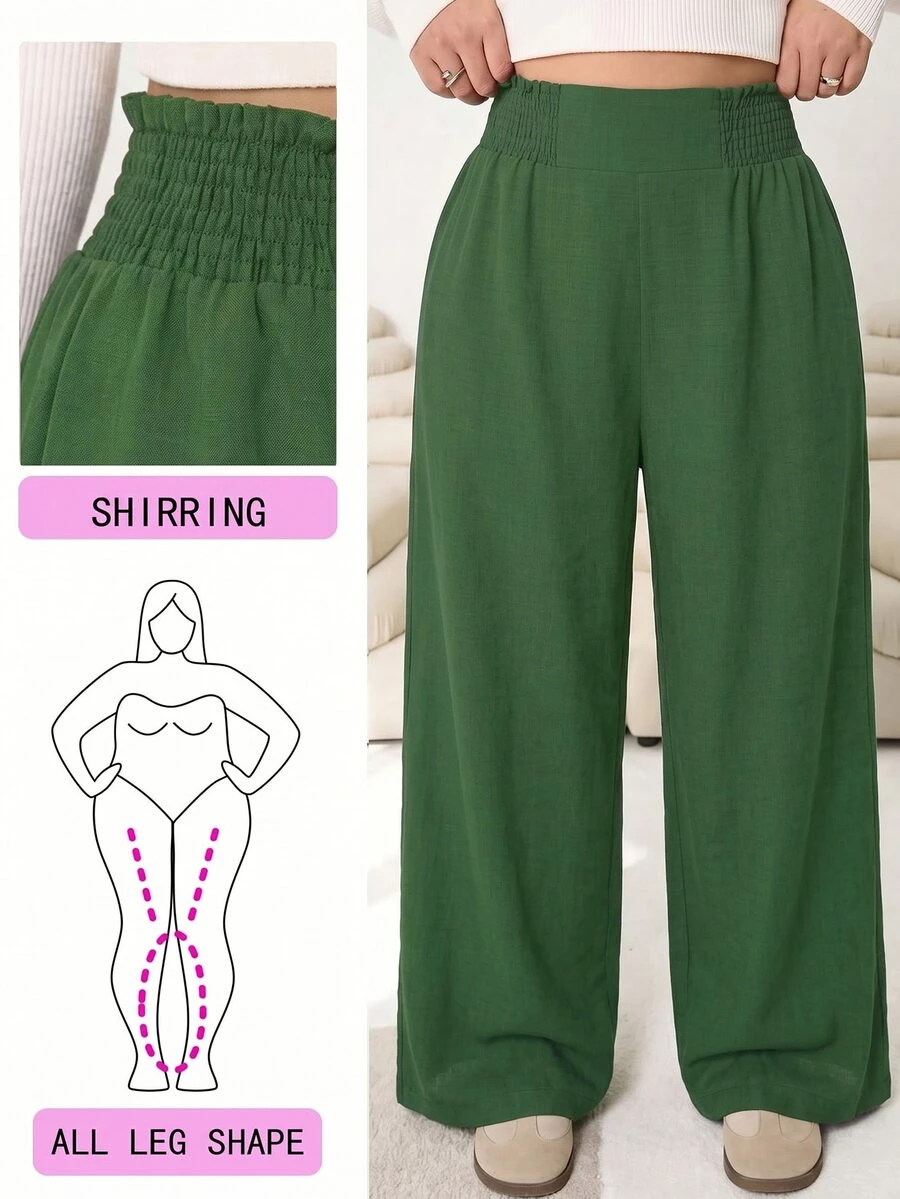 Solflare Autumn/Winter Casual Loose Retro Green Plus Size Suit Pants, Linen Texture Fabric, Elastic Waistband, Suitable For Outings, Daily Wear, Gatherings, Commuting, Back To School, Dating, Home, Birthday Parties And Multiple Occasions - Fresh Green - View 1