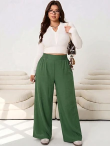 Solflare Autumn/Winter Casual Loose Retro Green Plus Size Suit Pants, Linen Texture Fabric, Elastic Waistband, Suitable For Outings, Daily Wear, Gatherings, Commuting, Back To School, Dating, Home, Birthday Parties And Multiple Occasions - Fresh Green - View 3