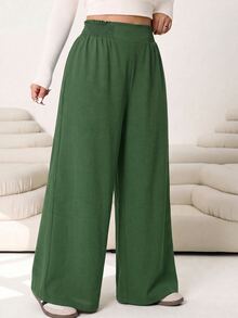 Solflare Autumn/Winter Casual Loose Retro Green Plus Size Suit Pants, Linen Texture Fabric, Elastic Waistband, Suitable For Outings, Daily Wear, Gatherings, Commuting, Back To School, Dating, Home, Birthday Parties And Multiple Occasions - Fresh Green - View 4