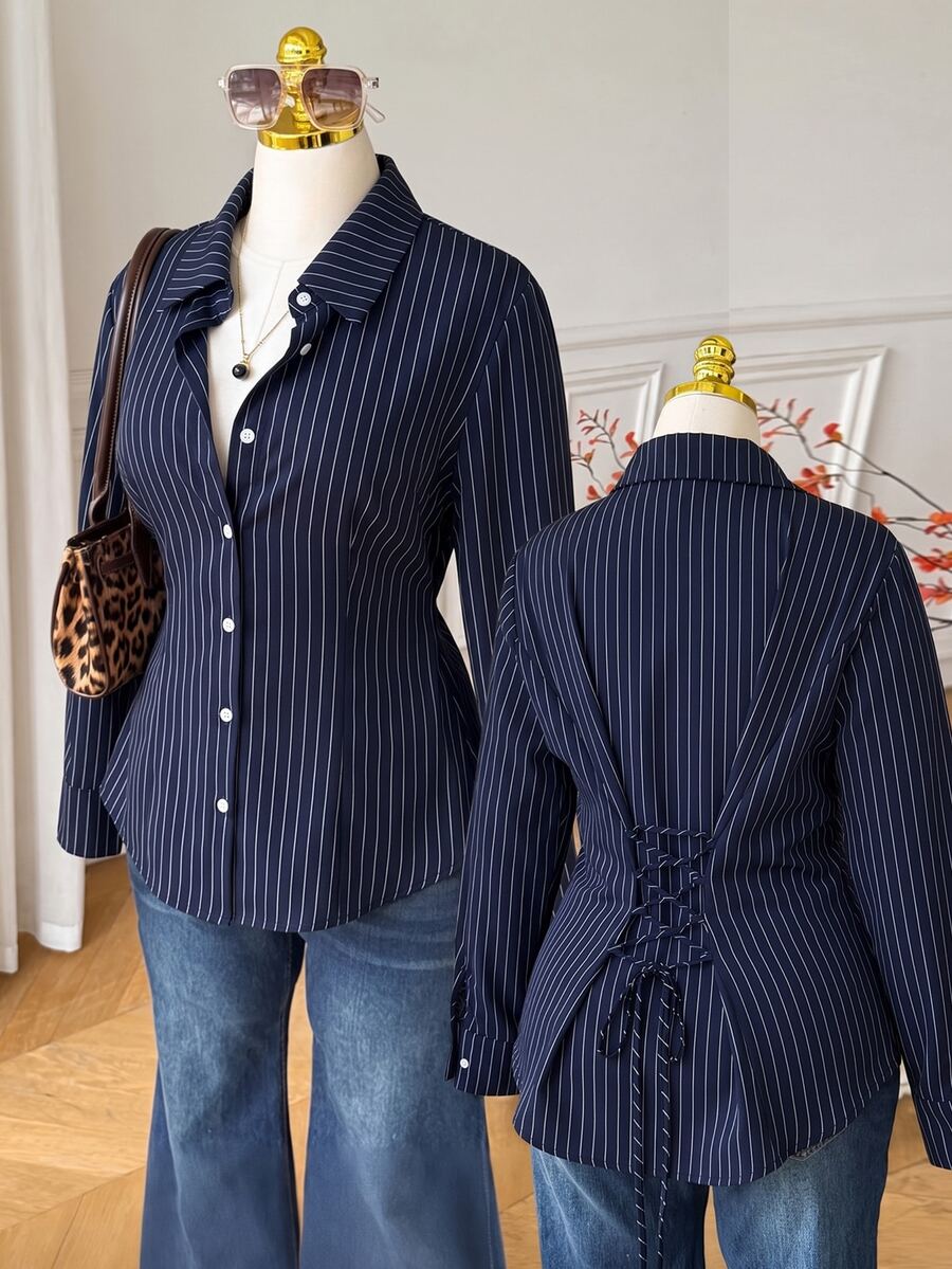 Comfortcana Solid Color Plus Size Turn-Down Collar Single-Breasted Long Sleeve Autumn/Winter Shirt Fall - Navy Blue - View 1